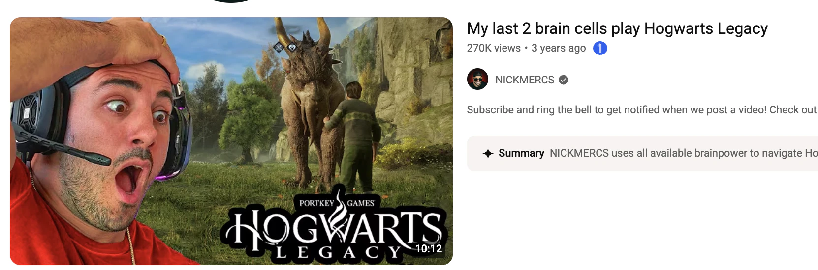 NICKMERCS Hogwarts Legacy upload with 270,000 views
