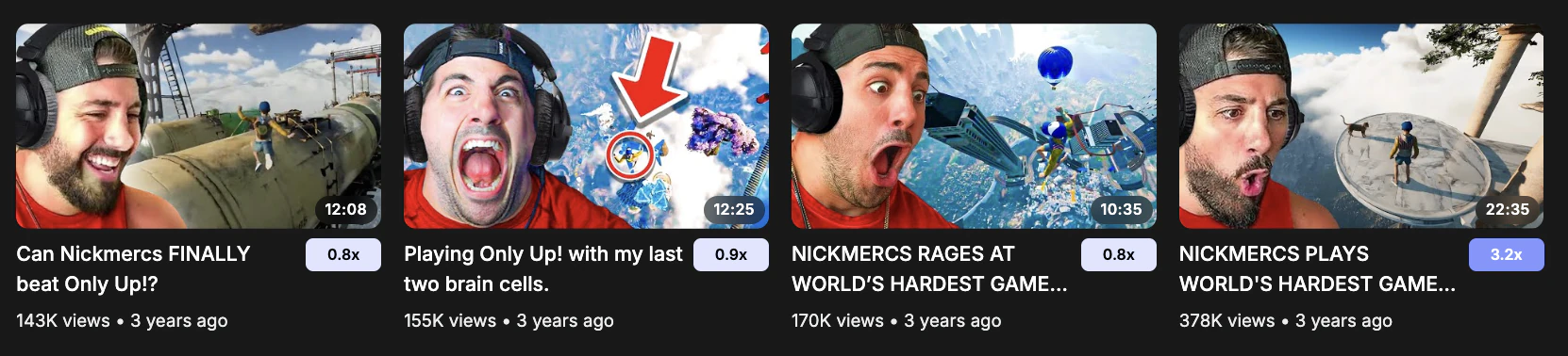 Four NICKMERCS Only Up uploads showing 143,000, 155,000, 170,000, and 378,000 views